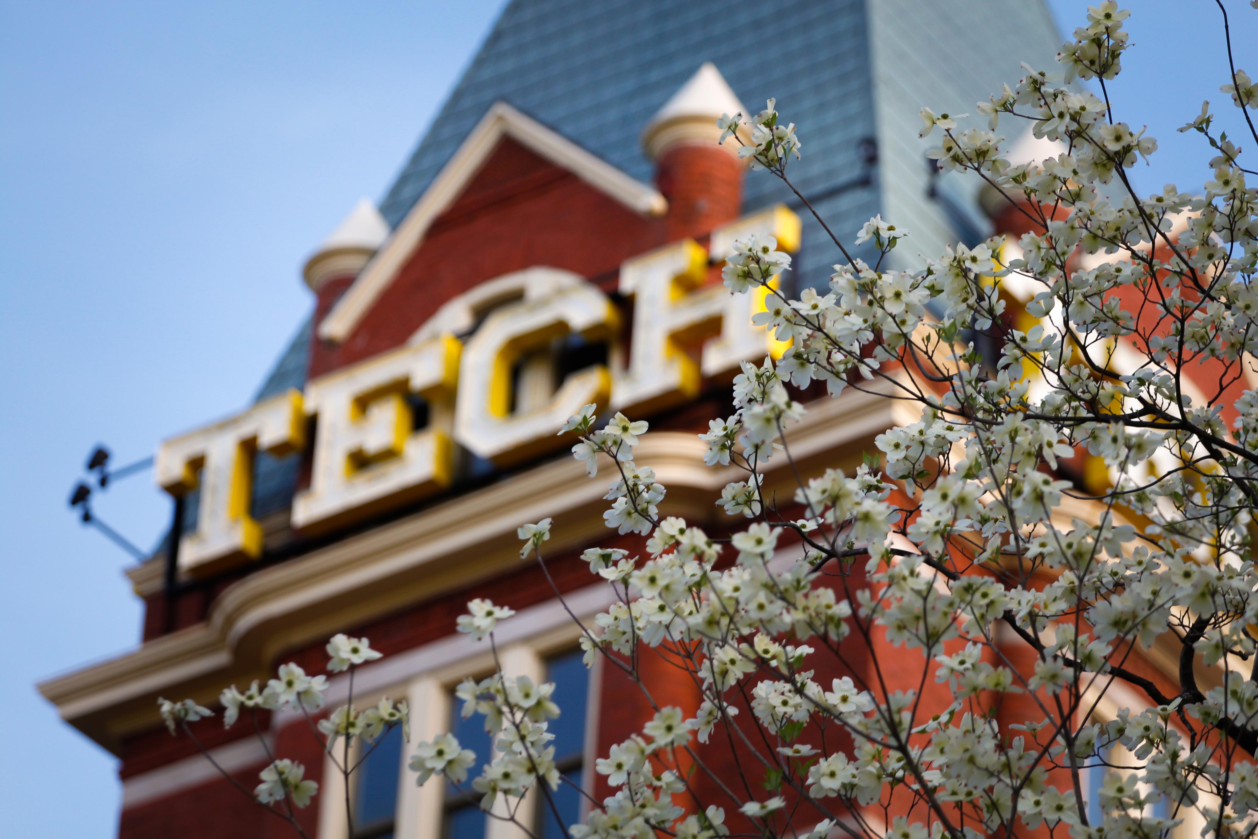 Tech Tower and flowers blossoming